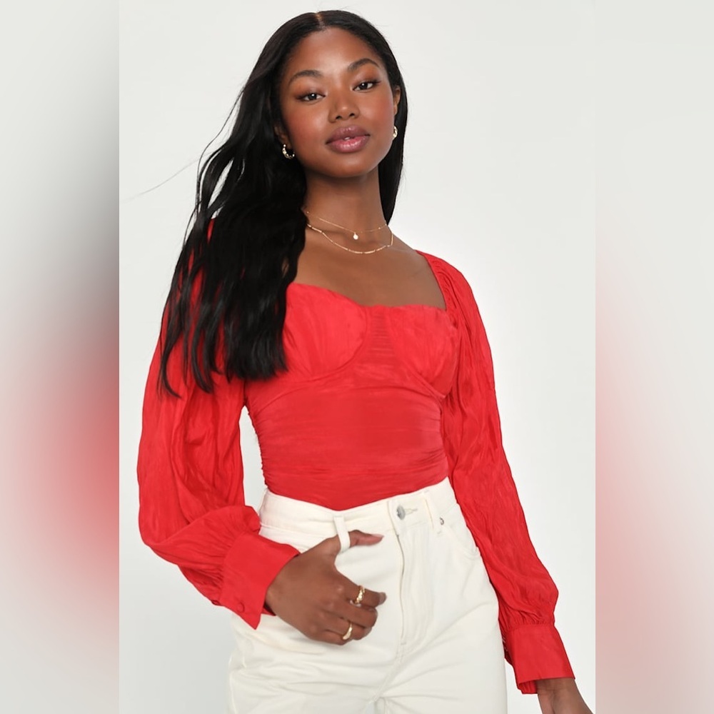 *LULUS* Vibrant Red Impulse Bustier Blouse w/ Square Neckline Top NWT Size Small